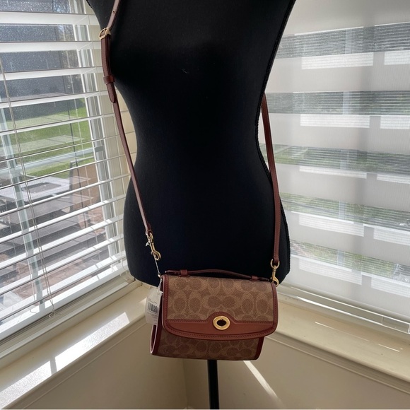 NWT COACH Coated Canvas Kip Turnlock Crossbody B4/Tan Rust 7”x5.25”x4” AS IS - Picture 6 of 12